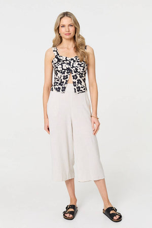 Black | Floral Sleeveless Split Front Crop Top
