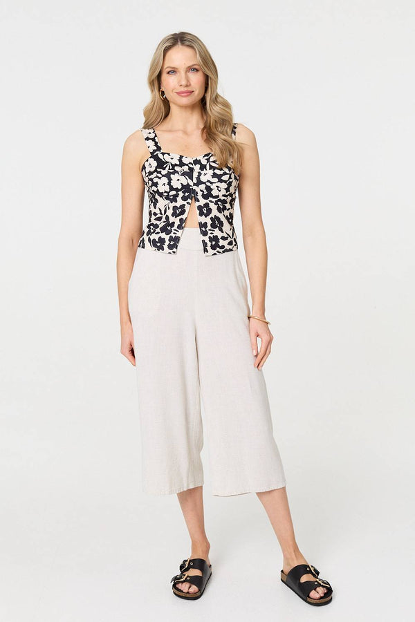 Black | Floral Sleeveless Split Front Crop Top

