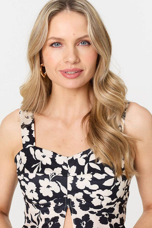 Black | Floral Sleeveless Split Front Crop Top
