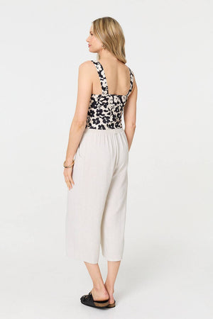 Black | Floral Sleeveless Split Front Crop Top
