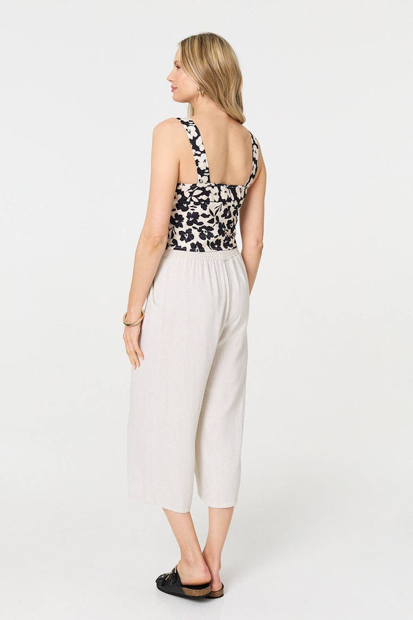 Black | Floral Sleeveless Split Front Crop Top

