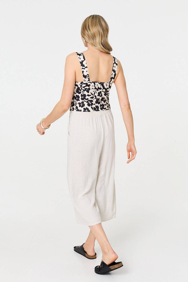 Black | Floral Sleeveless Split Front Crop Top
