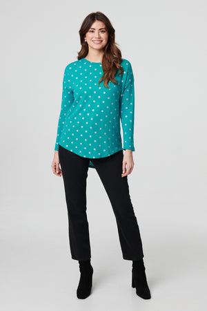 Green | Polka Dot Print Relaxed Long Sleeve Top