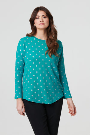 Green | Polka Dot Print Relaxed Long Sleeve Top : Model is 5'9