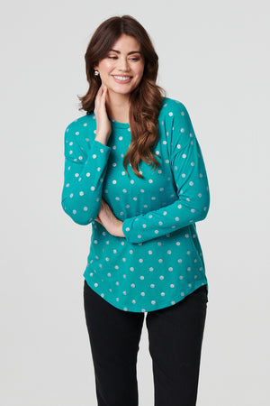 Green | Polka Dot Print Relaxed Long Sleeve Top