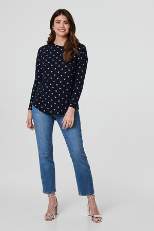 Navy | Polka Dot Print Relaxed Long Sleeve Top