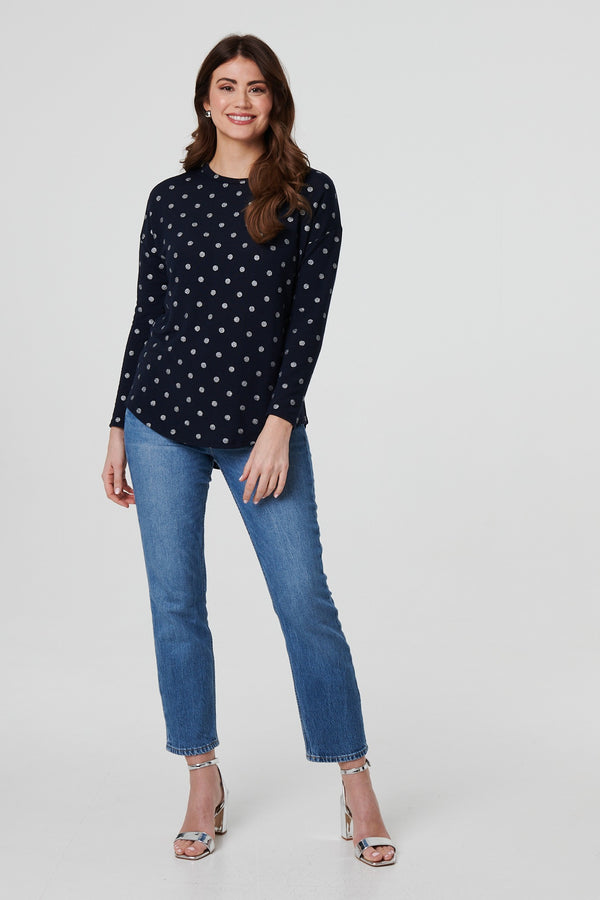 Navy | Polka Dot Print Relaxed Long Sleeve Top