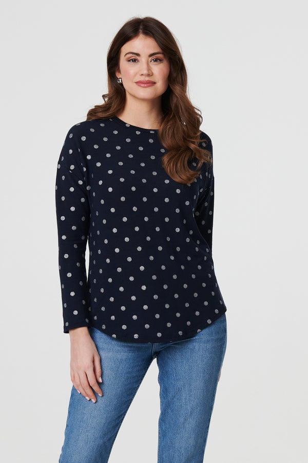 Navy | Polka Dot Print Relaxed Long Sleeve Top