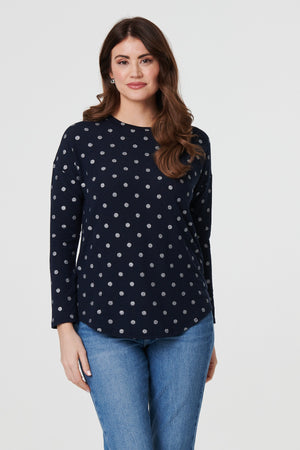 Navy | Polka Dot Print Relaxed Long Sleeve Top : Model is 5'9