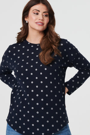 Navy | Polka Dot Print Relaxed Long Sleeve Top