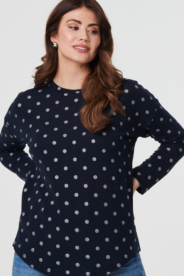 Navy | Polka Dot Print Relaxed Long Sleeve Top