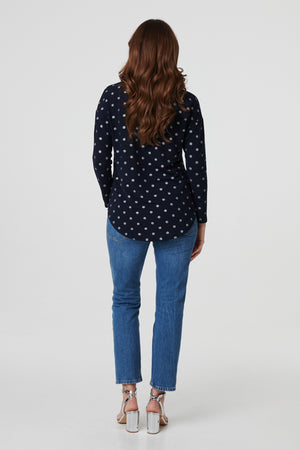 Navy | Polka Dot Print Relaxed Long Sleeve Top