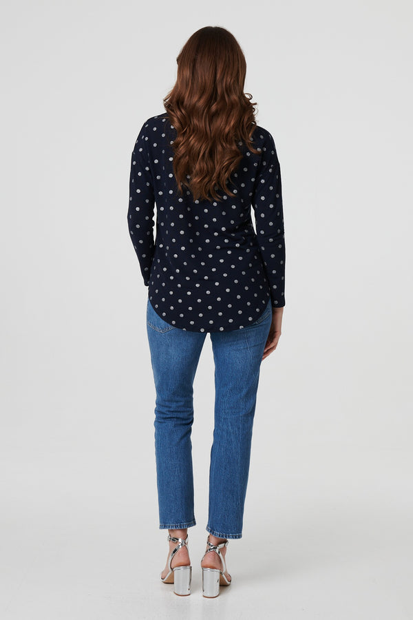 Navy | Polka Dot Print Relaxed Long Sleeve Top