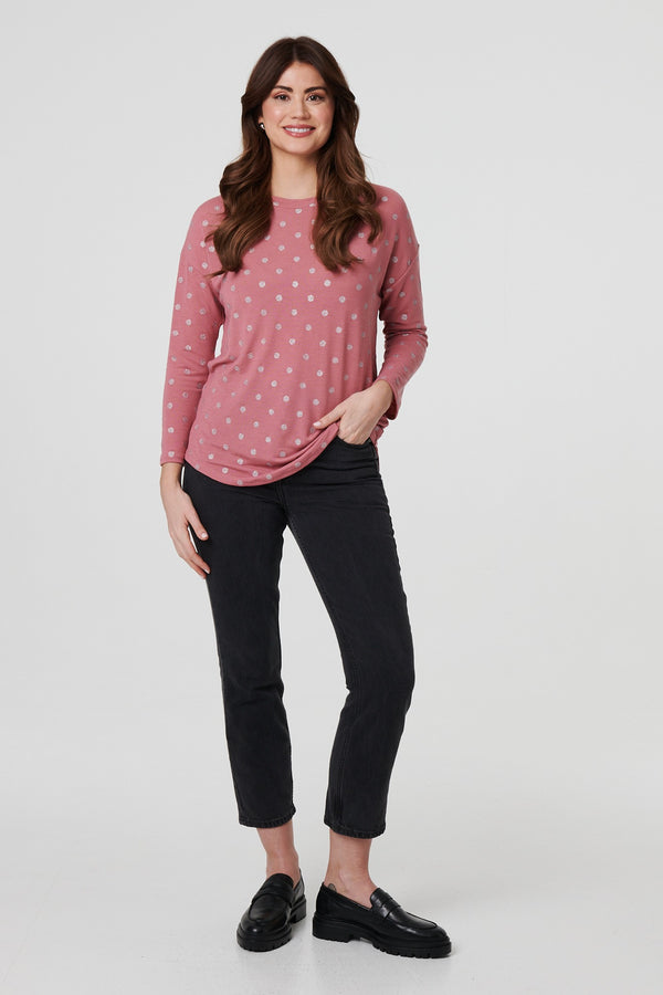 Pink | Polka Dot Print Relaxed Long Sleeve Top