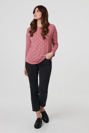 Pink | Polka Dot Print Relaxed Long Sleeve Top