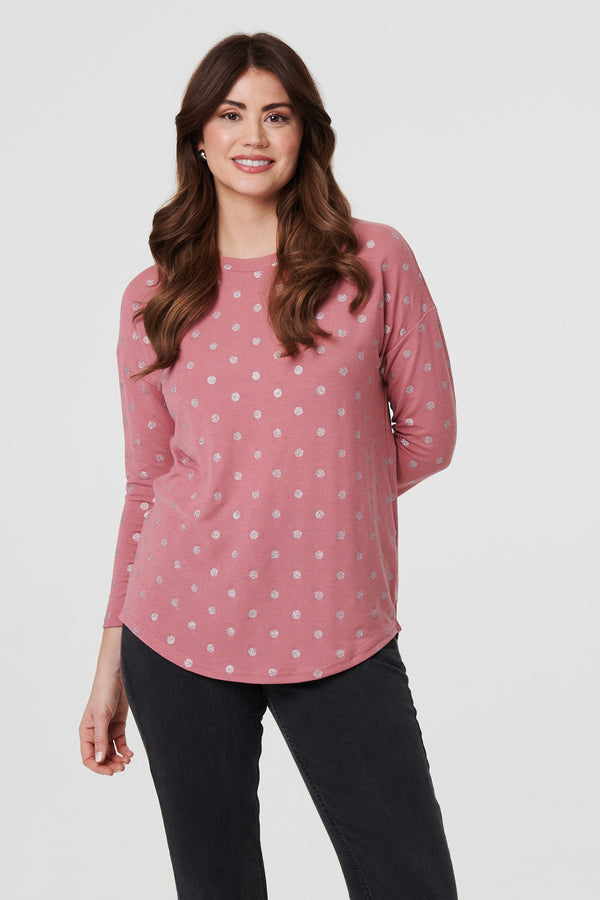 Pink | Polka Dot Print Relaxed Long Sleeve Top