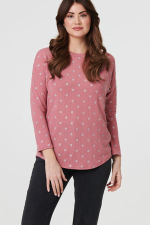 Pink | Polka Dot Print Relaxed Long Sleeve Top : Model is 5'9