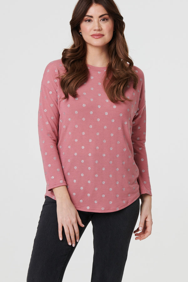 Pink | Polka Dot Print Relaxed Long Sleeve Top
