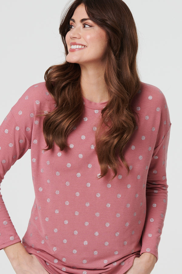 Pink | Polka Dot Print Relaxed Long Sleeve Top