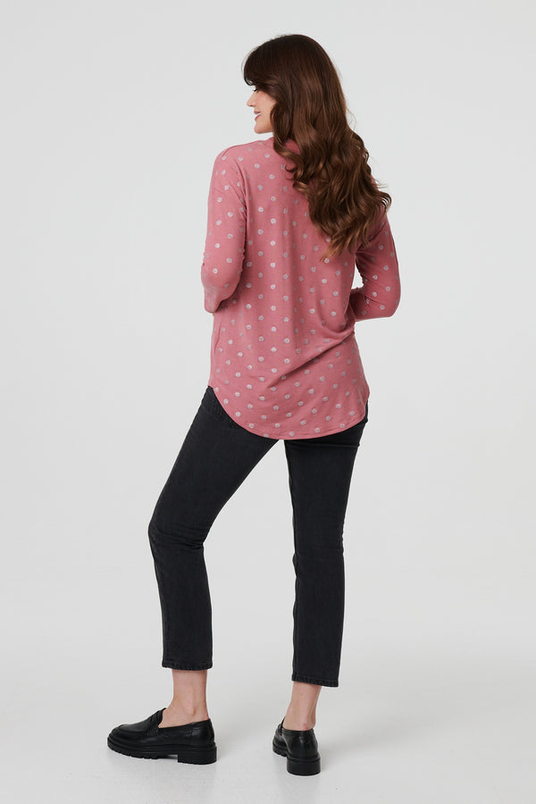 Pink | Polka Dot Print Relaxed Long Sleeve Top