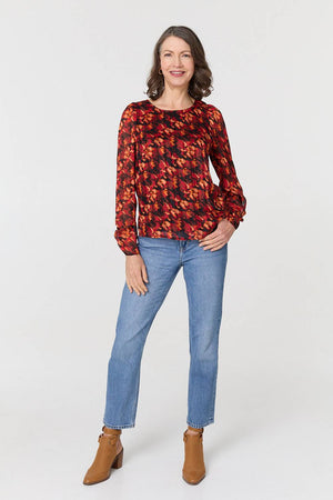Orange | Printed Semi Sheer Long Sleeve Blouse

