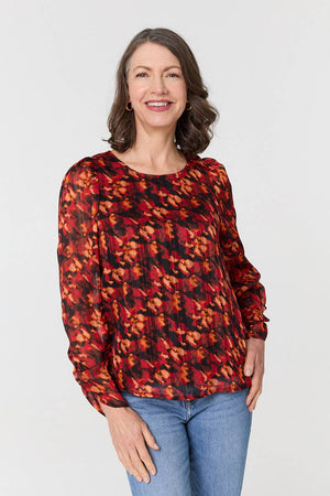 Orange | Printed Semi Sheer Long Sleeve Blouse : Model is 5'8