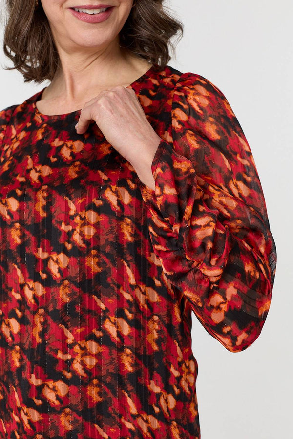 Orange | Printed Semi Sheer Long Sleeve Blouse
