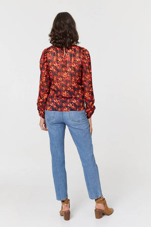 Orange | Printed Semi Sheer Long Sleeve Blouse

