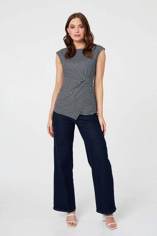 Navy | Striped Ruched Cap Sleeve Asymmetric Top