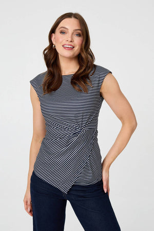 Navy | Striped Ruched Cap Sleeve Asymmetric Top