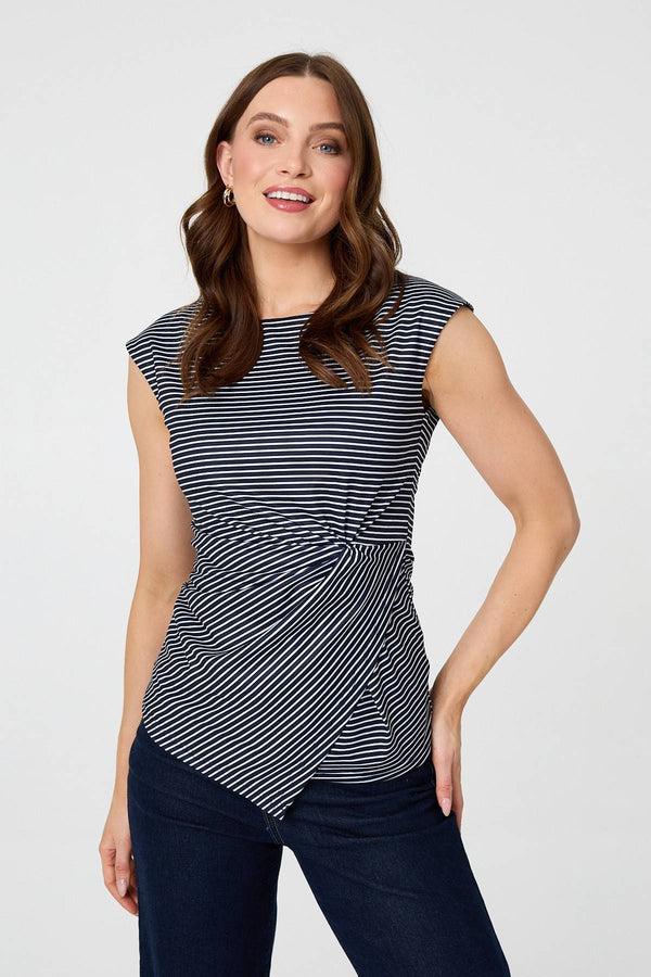 Navy | Striped Ruched Cap Sleeve Asymmetric Top