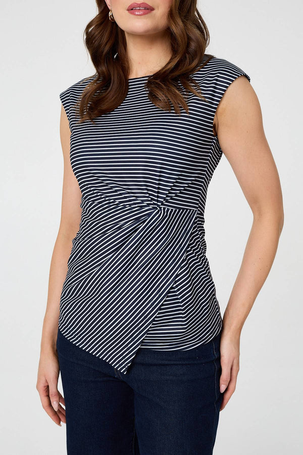 Navy | Striped Ruched Cap Sleeve Asymmetric Top