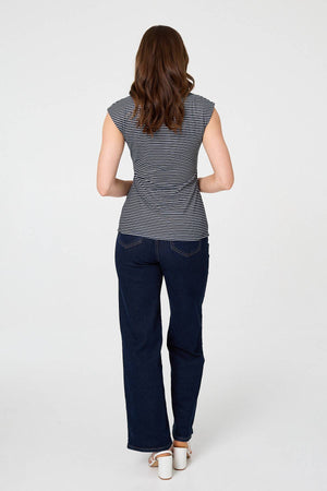 Navy | Striped Ruched Cap Sleeve Asymmetric Top
