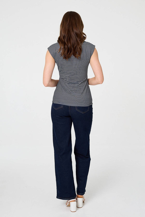 Navy | Striped Ruched Cap Sleeve Asymmetric Top