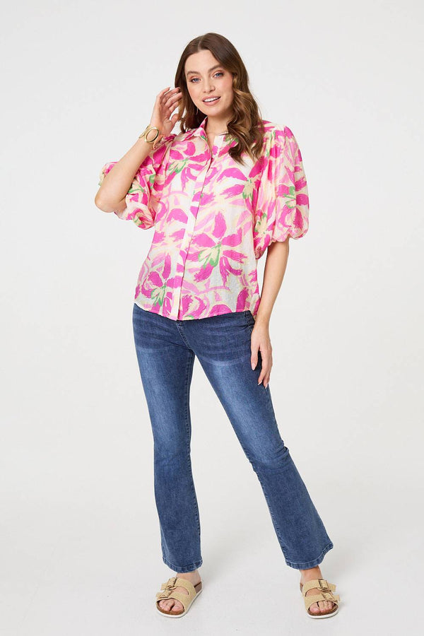 Pink | Floral Puff Sleeve Collared Shirt
