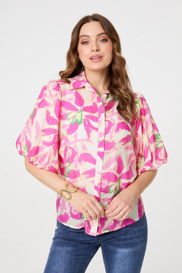 Pink | Floral Puff Sleeve Collared Shirt
