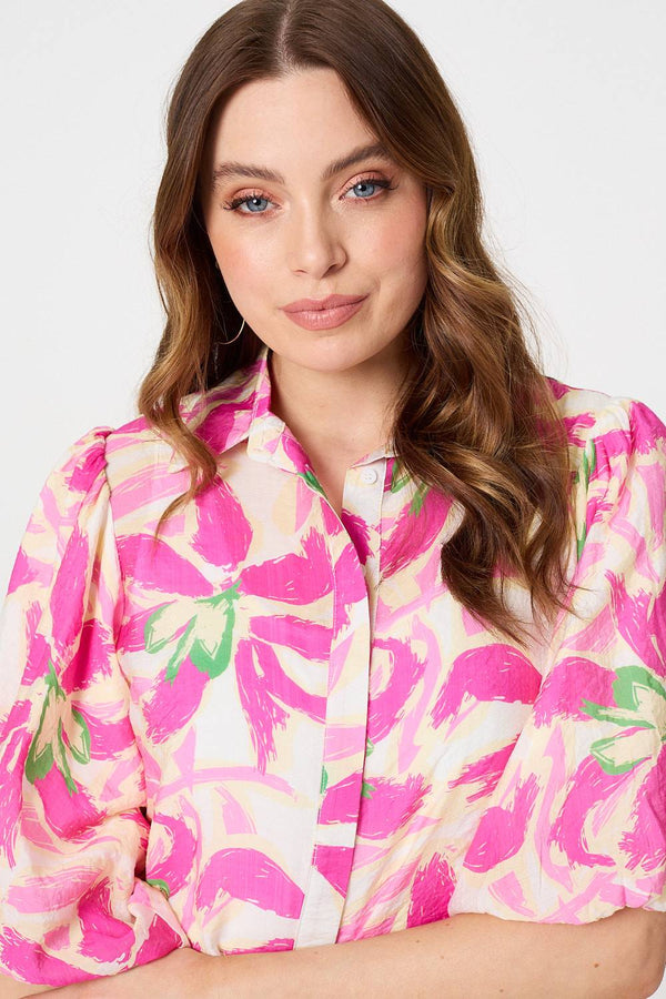 Pink | Floral Puff Sleeve Collared Shirt
