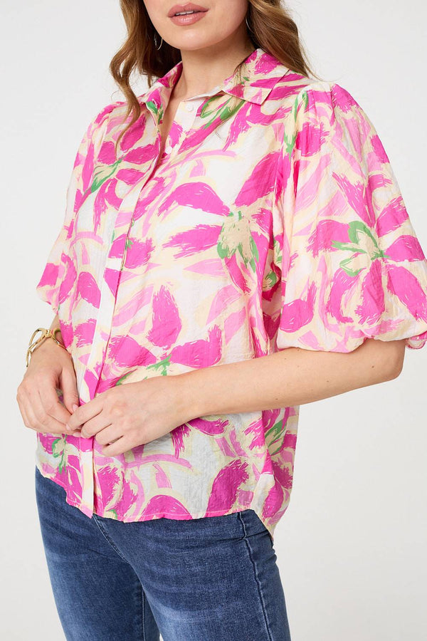 Pink | Floral Puff Sleeve Collared Shirt
