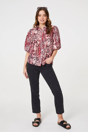 Red | Animal Print Puff Sleeve Shirt 