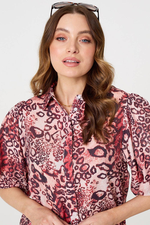Red | Animal Print Puff Sleeve Shirt 
