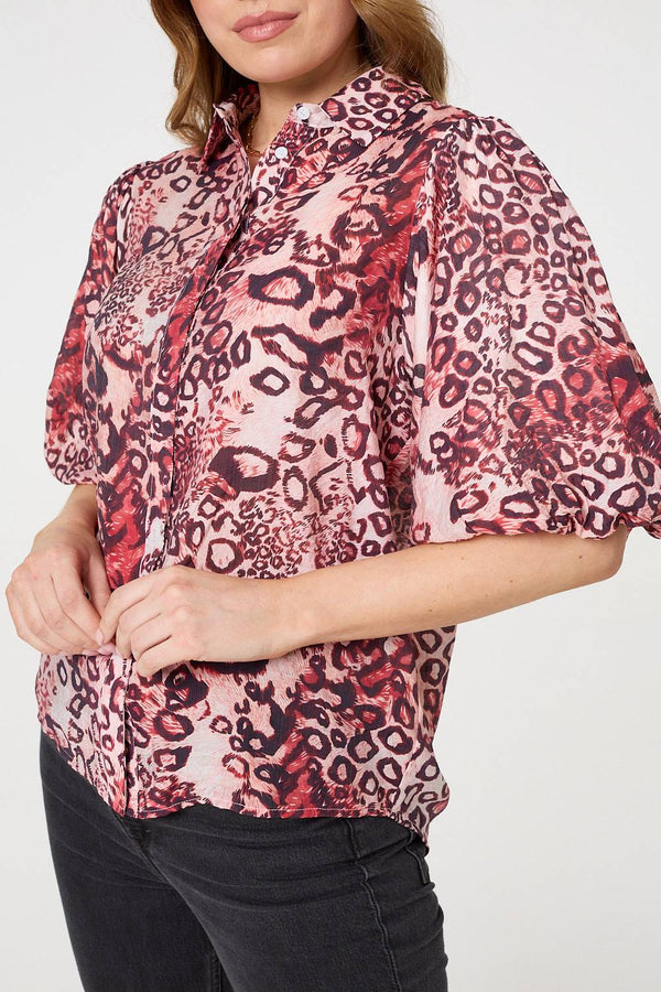Red | Animal Print Puff Sleeve Shirt 
