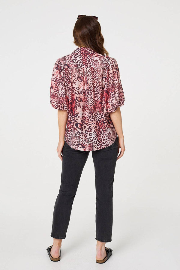 Red | Animal Print Puff Sleeve Shirt 
