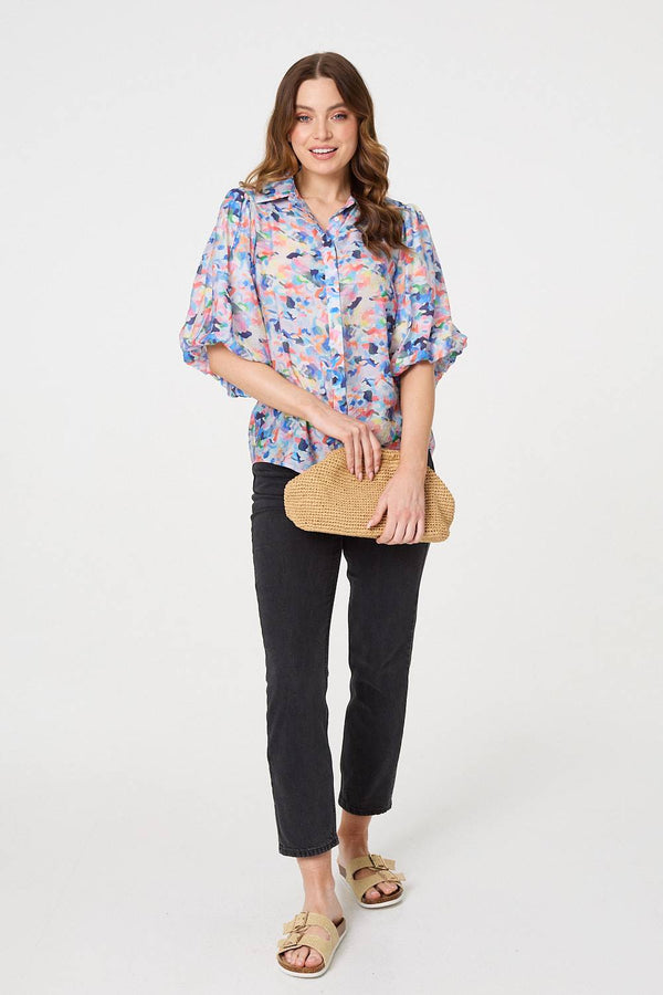 Blue | Printed Puff Sleeve Collared Shirt
