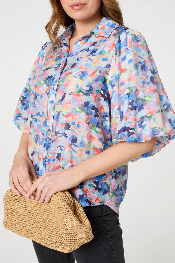 Blue | Printed Puff Sleeve Collared Shirt
