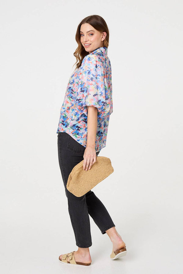 Blue | Printed Puff Sleeve Collared Shirt
