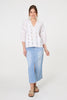 White | Lace Trim 3/4 Sleeve V-Neck Blouse : Model is 5'9