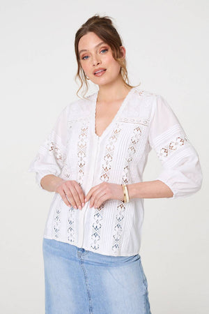 White | Lace Trim 3/4 Sleeve V-Neck Blouse