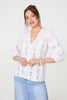 White | Lace Trim 3/4 Sleeve V-Neck Blouse