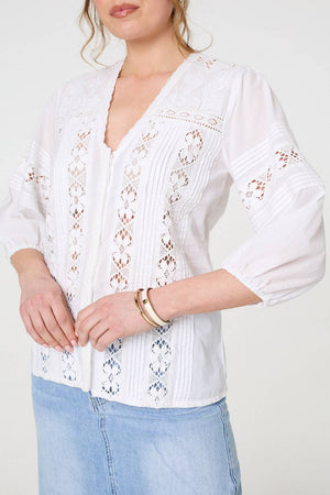 White | Lace Trim 3/4 Sleeve V-Neck Blouse
