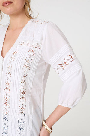 White | Lace Trim 3/4 Sleeve V-Neck Blouse
